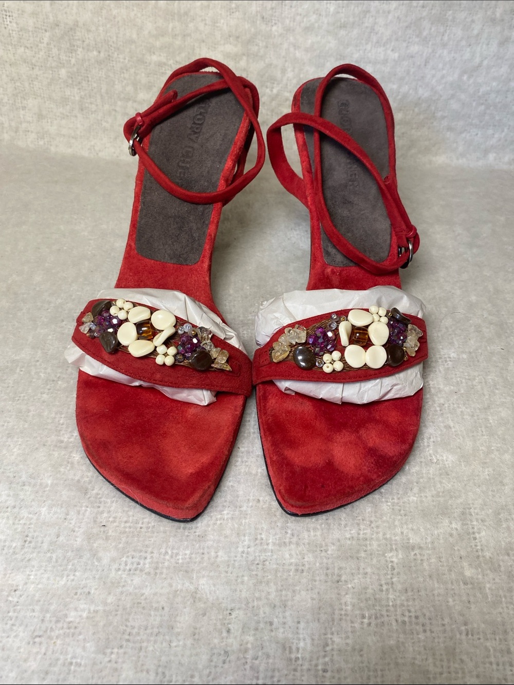Glory Chen Red Suede Beaded Strap Heels - Women